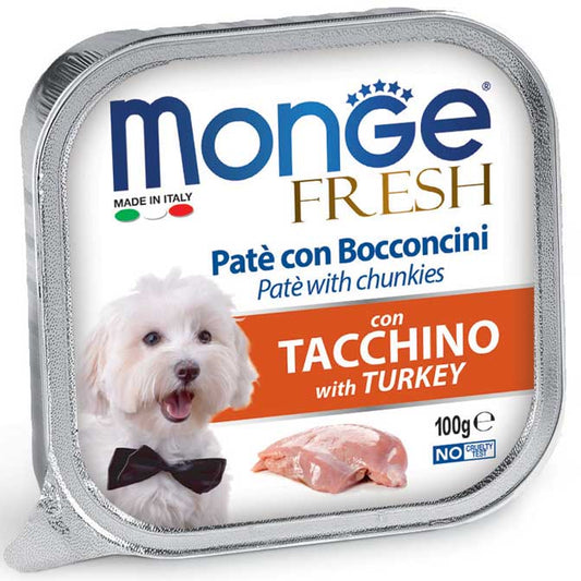 Monge Fresh Vaschetta Tacchino 100g – Paté con Bocconcini per Cani Adulto | TANCHO-SHOP